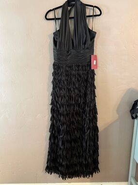 JS Collections Black Halter Maxi Dress with Feathered Skirt